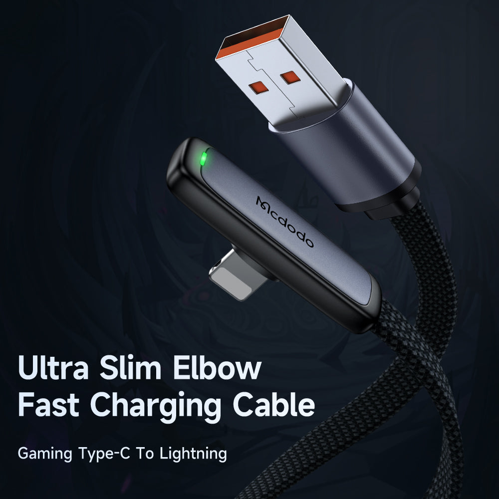 MCDODO CA-2790 MDD 1.2m Nylon Braided Data Cord Elbow Angled USB to Lightning 3A Fast Charging Cable - Black MCDODO CA-2790 MDD 1.2m Nylon Braided Data Cord Elbow Angled USB to Lightning 3A Fast Charging Cable - Black
